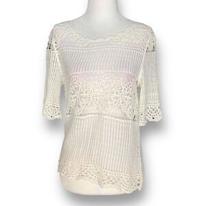 James Coviello Anthropologie Janice Top Cream Crotchet Knit Open Weave Scoopneck